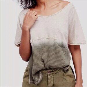 We The Free Beige Green Ombre Ribbed V Neck Top L Linen Sun Dial Tee Boxy Oversi